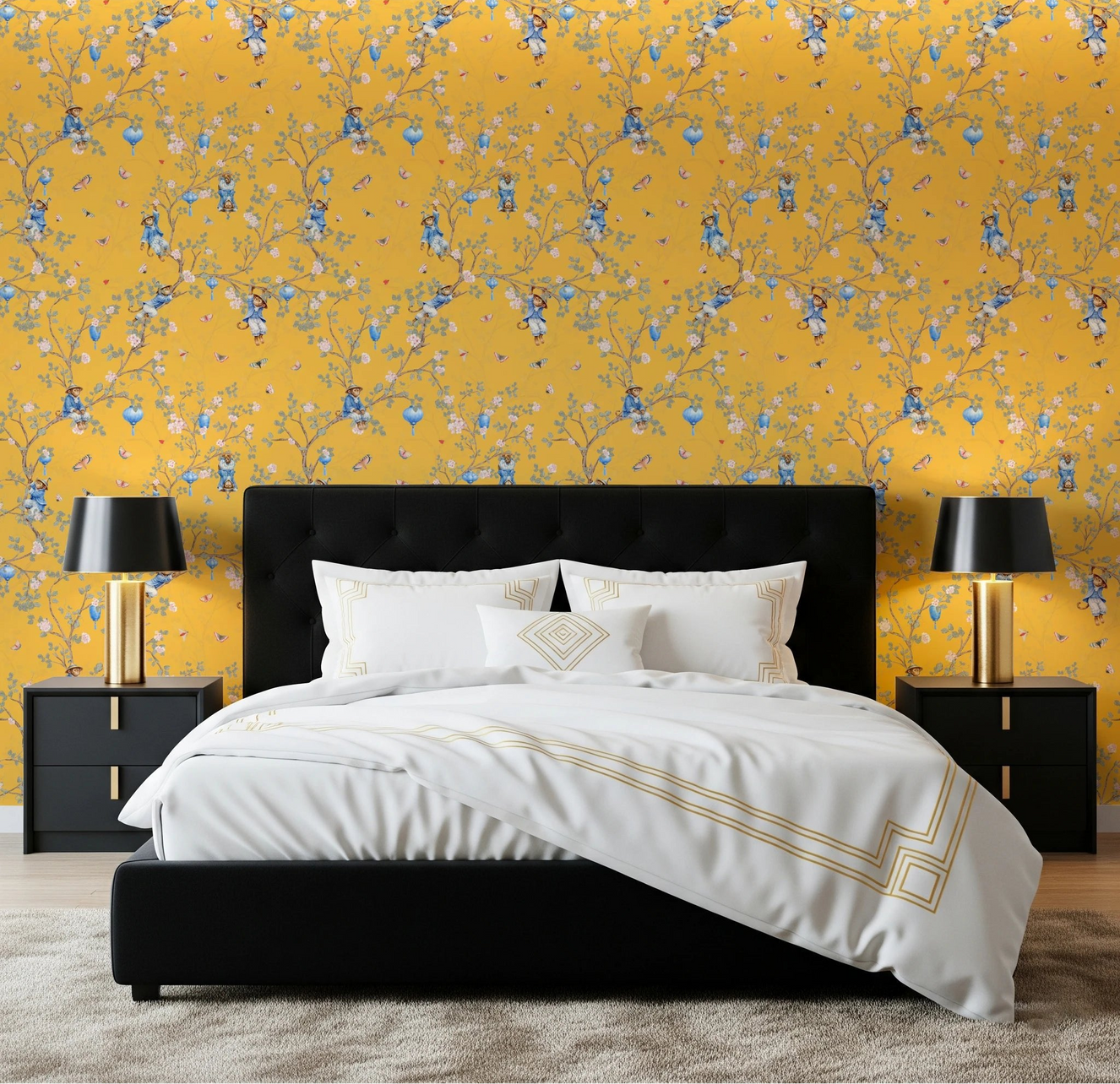 This bold bedroom feels richer with the yellow chinoiserie wallpaper behind the bed