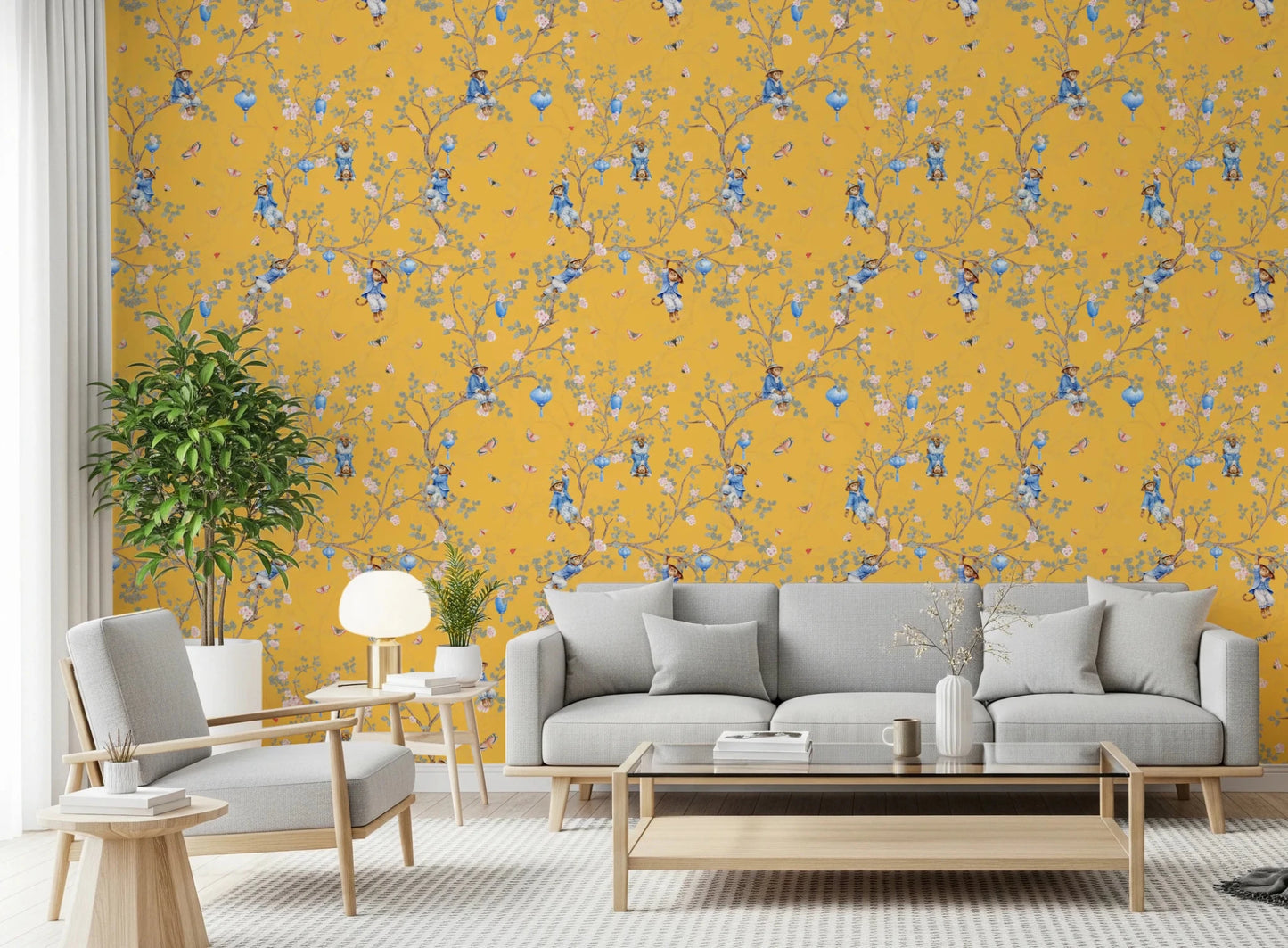 Vintage Rococo Chinoiserie Asian Lanterns with Monkeys and Sakura Flowers yellow Wallpaper⁠