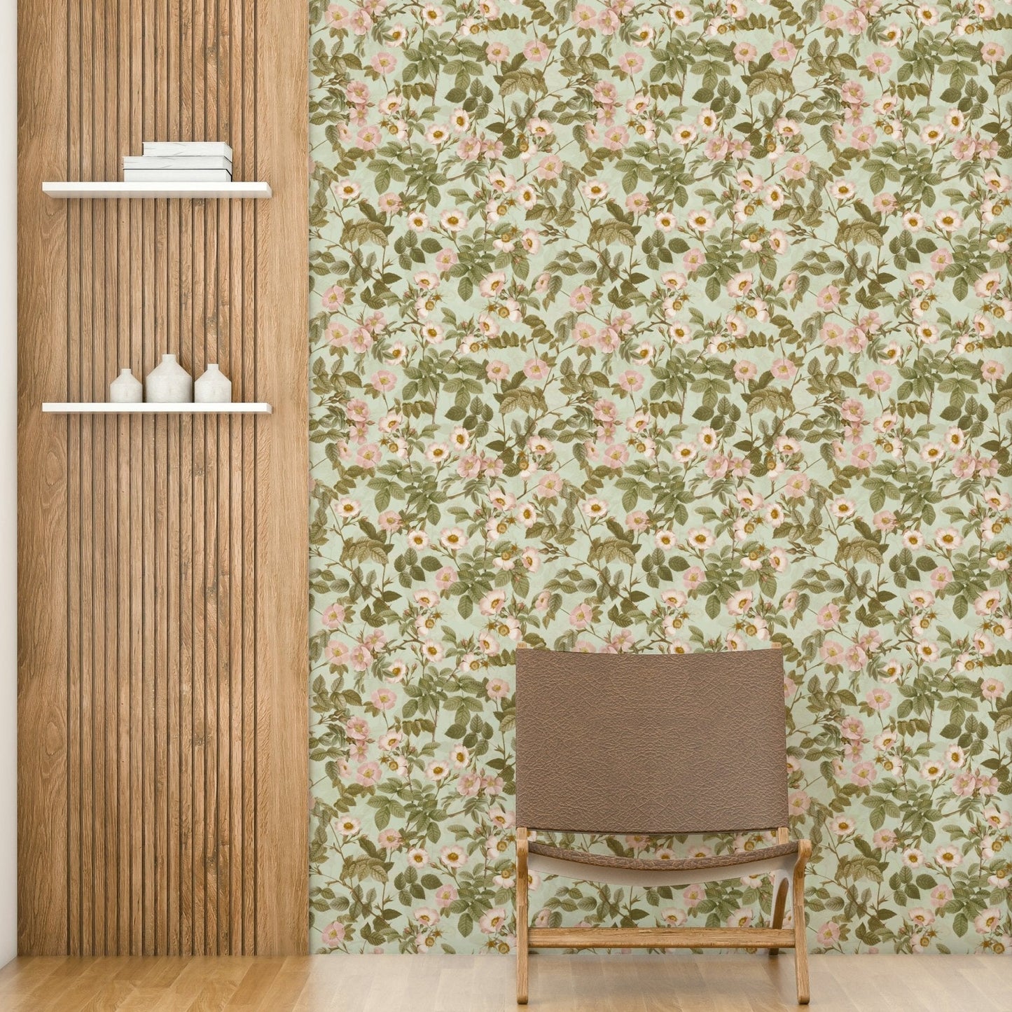 Soft pastel pink roses on vintage wallpaper backdrop., GD1340