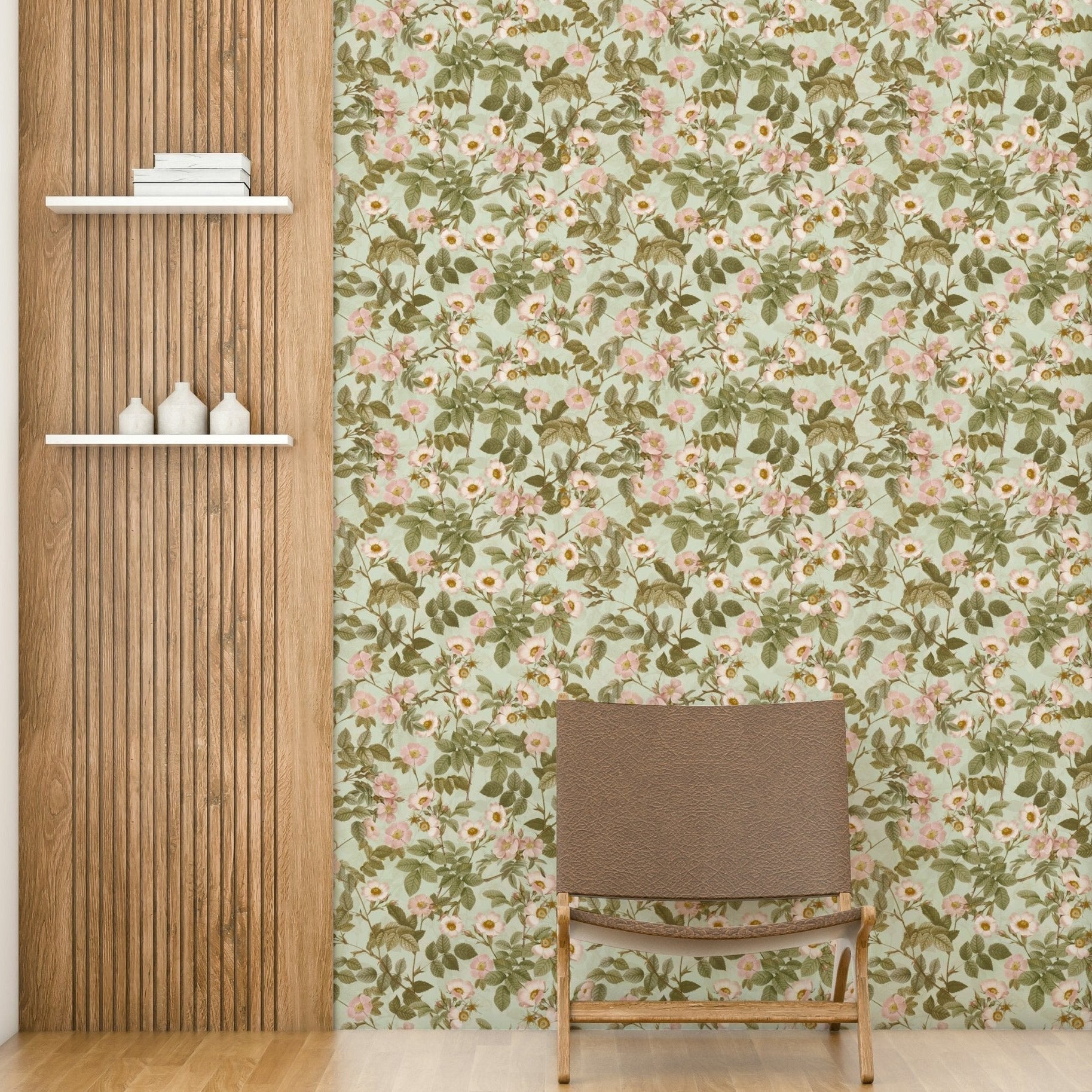 Soft pastel pink roses on vintage wallpaper backdrop., GD1340