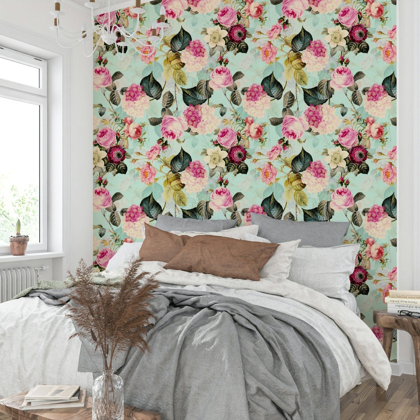 Vintage rose garden wallpaper with delicate pink flowers, GD1352