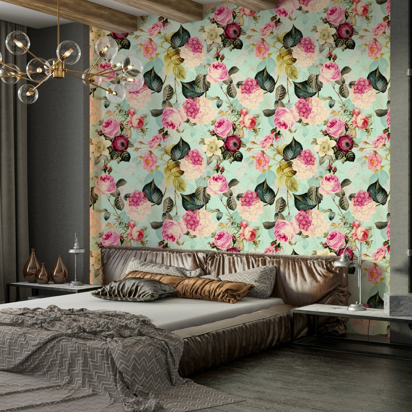 Soft pink and green vintage rose wallpaper design, GD1352