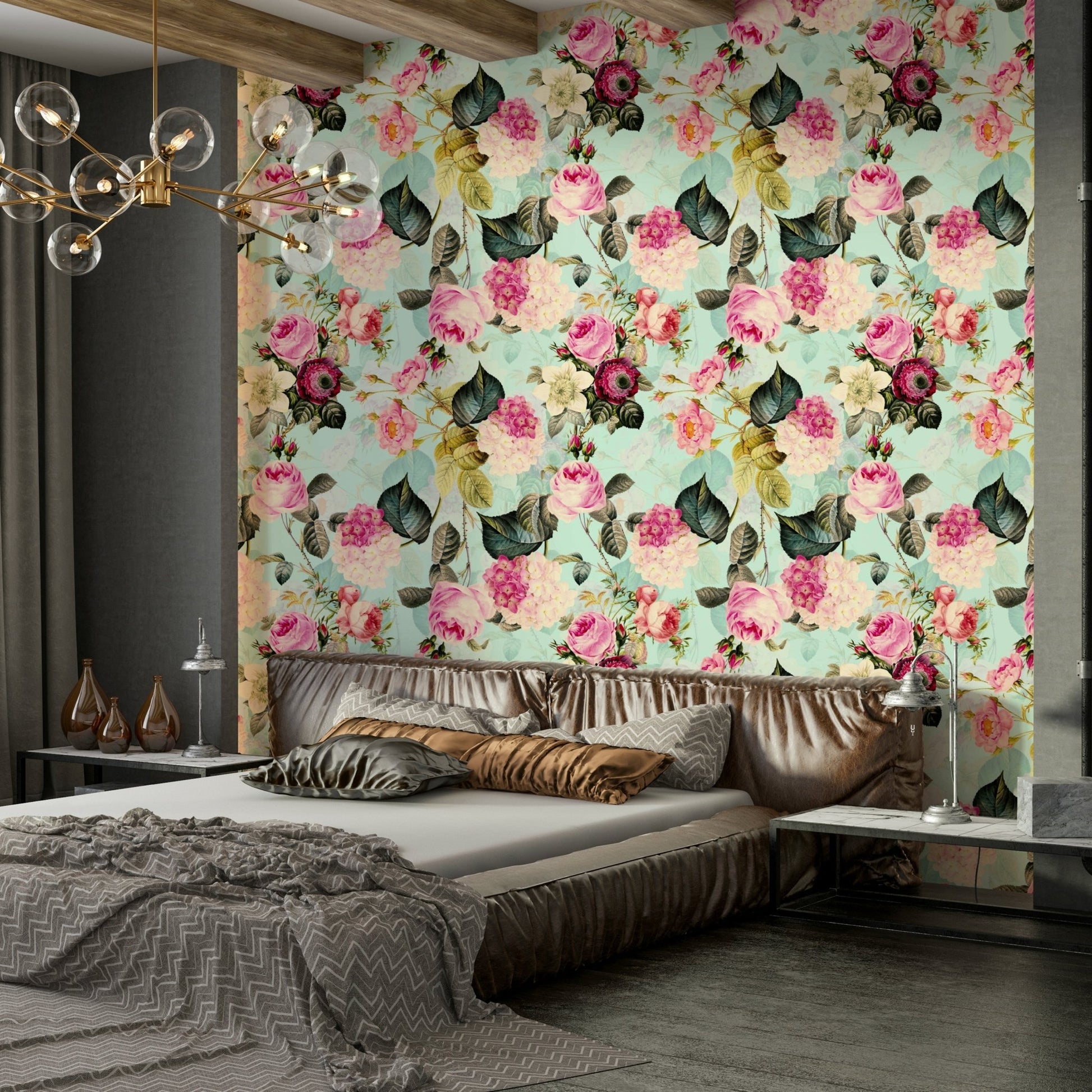 Soft pink and green vintage rose wallpaper design, GD1352