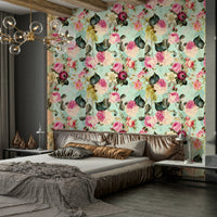 Soft pink and green vintage rose wallpaper design, GD1352