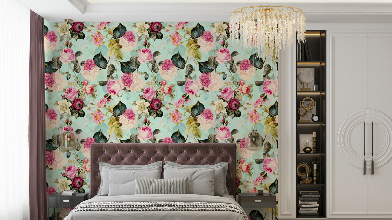 Detailed rose garden wallpaper in vintage pastel tones

