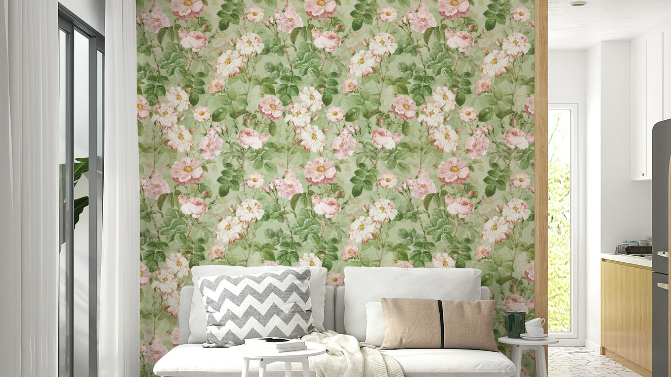 Vintage rose wallpaper with delicate floral patterns.

