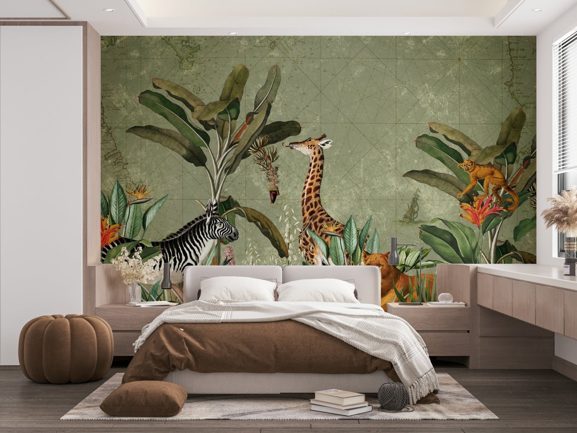 Vintage safari mural with lions and elephants

