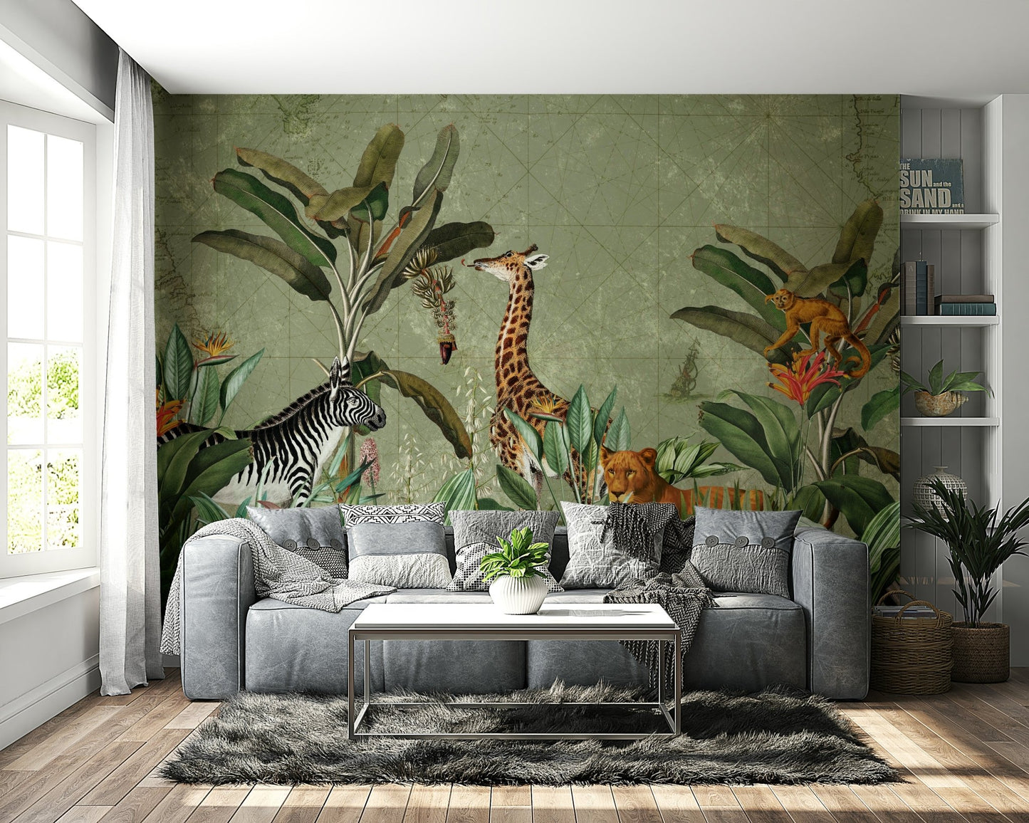 Bold safari mural for a vintage-inspired room

