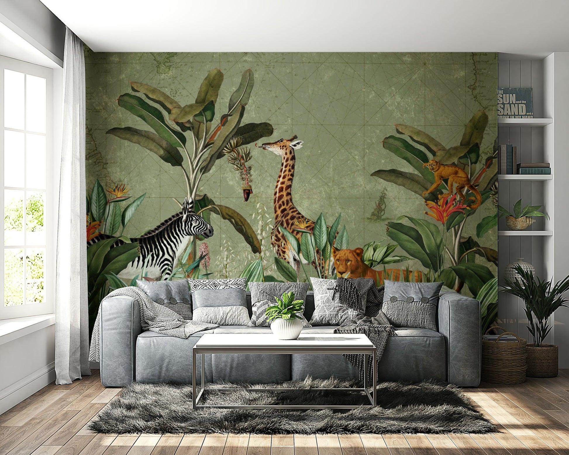 Bold safari mural for a vintage-inspired room

