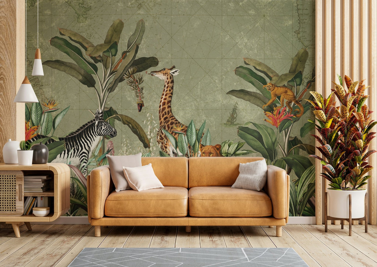 Vintage safari wall mural featuring zebras and giraffes

