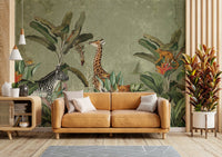 Vintage safari wall mural featuring zebras and giraffes
