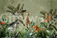 Wild safari expedition mural with vintage charm

