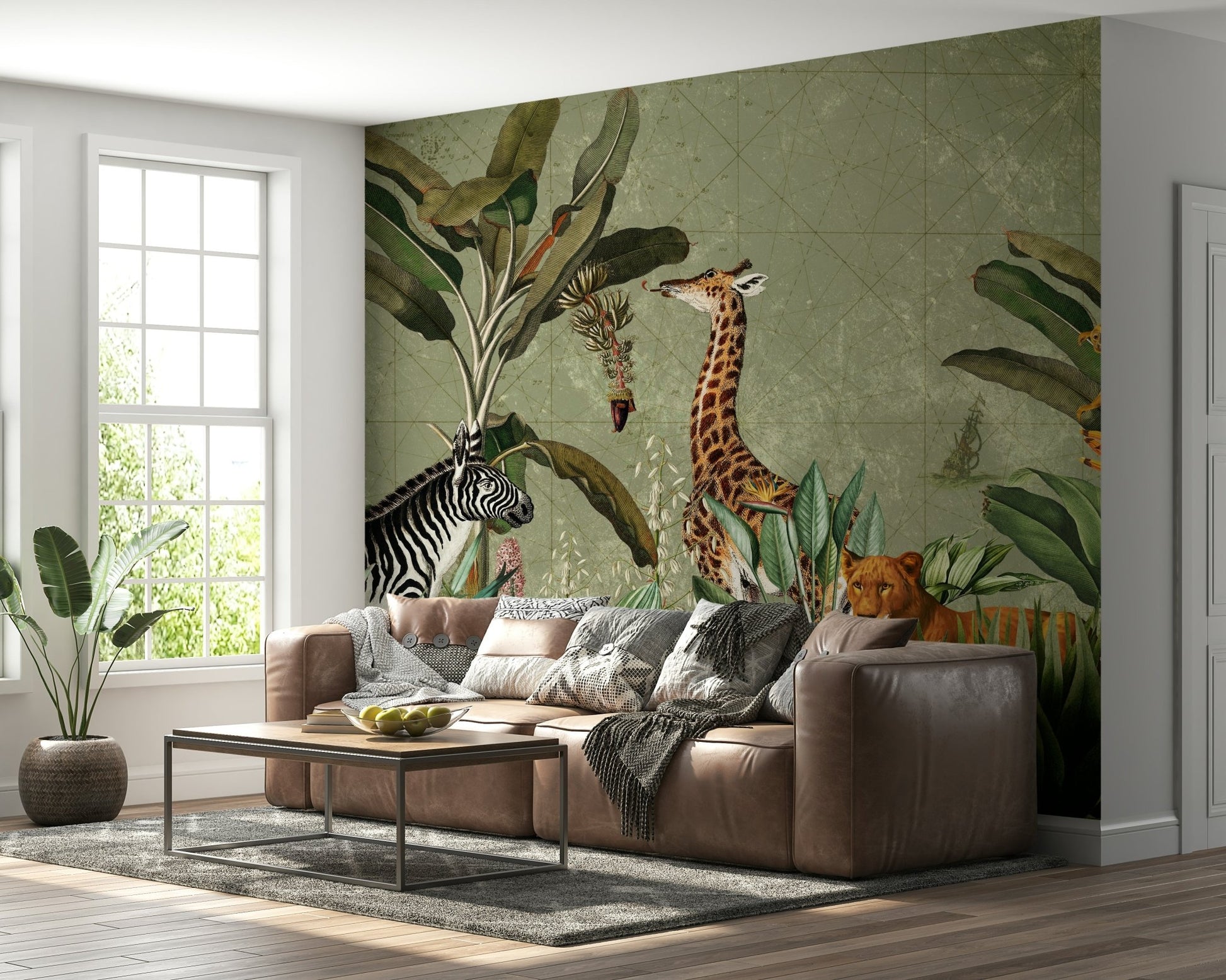 Safari expedition mural featuring wildlife scenes

