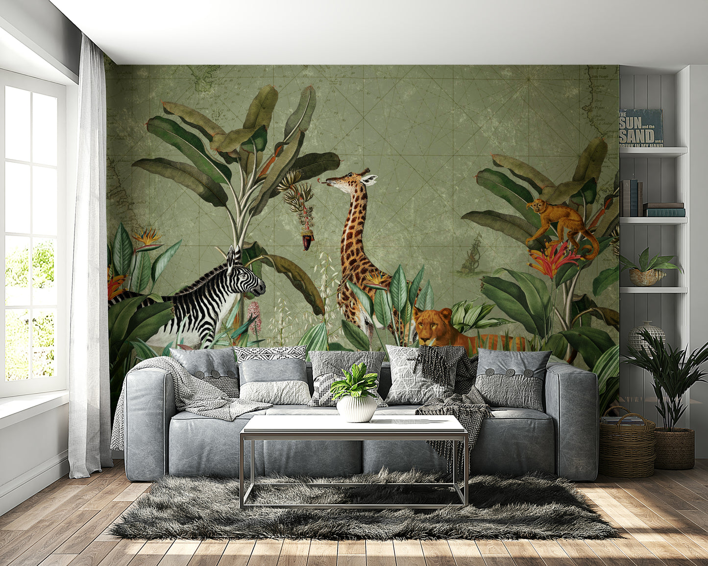 Bold safari mural for a vintage-inspired room

