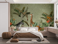 Vintage safari mural with lions and elephants

