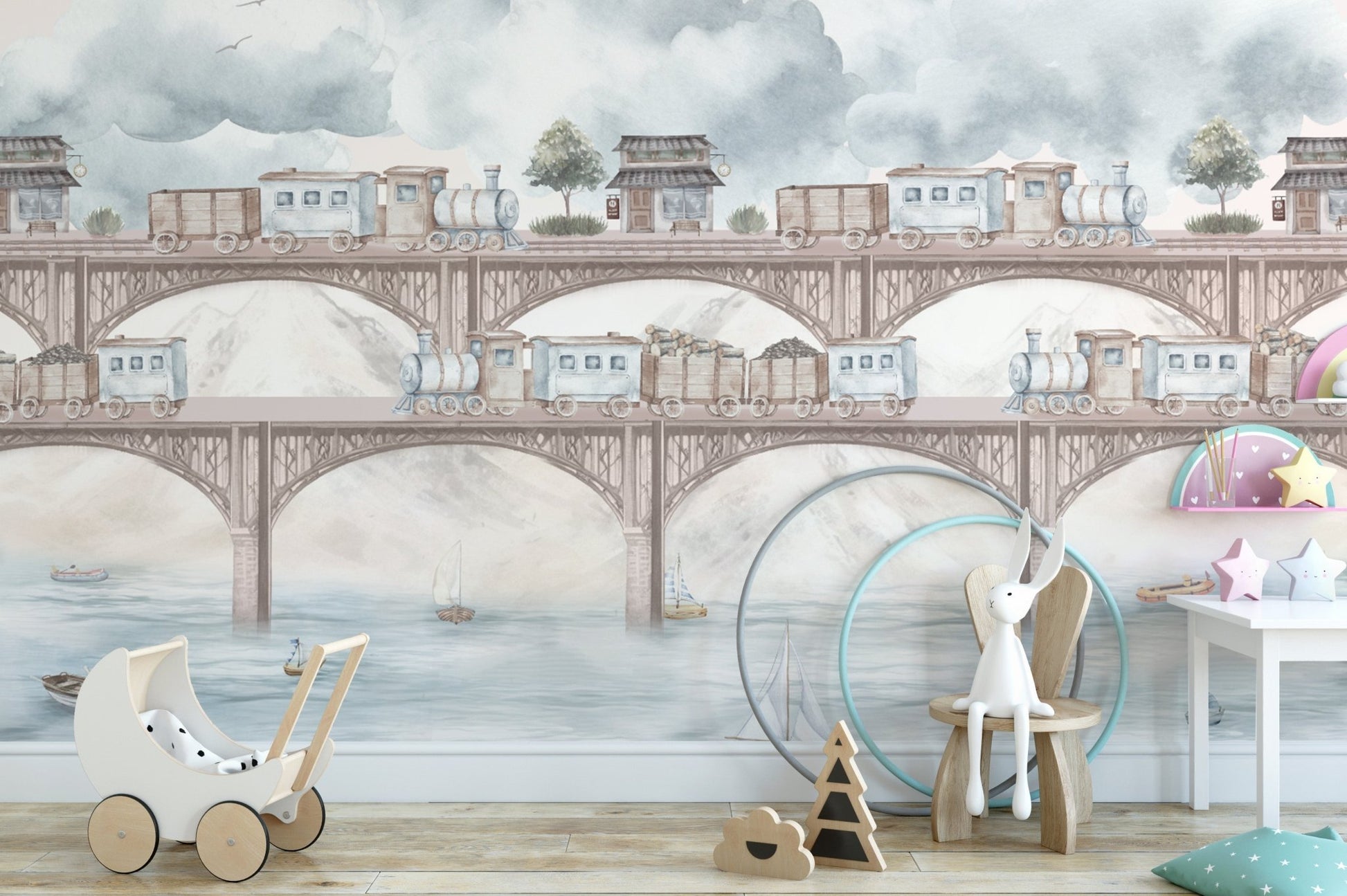 Kids wallpaper with trains and water scenery
