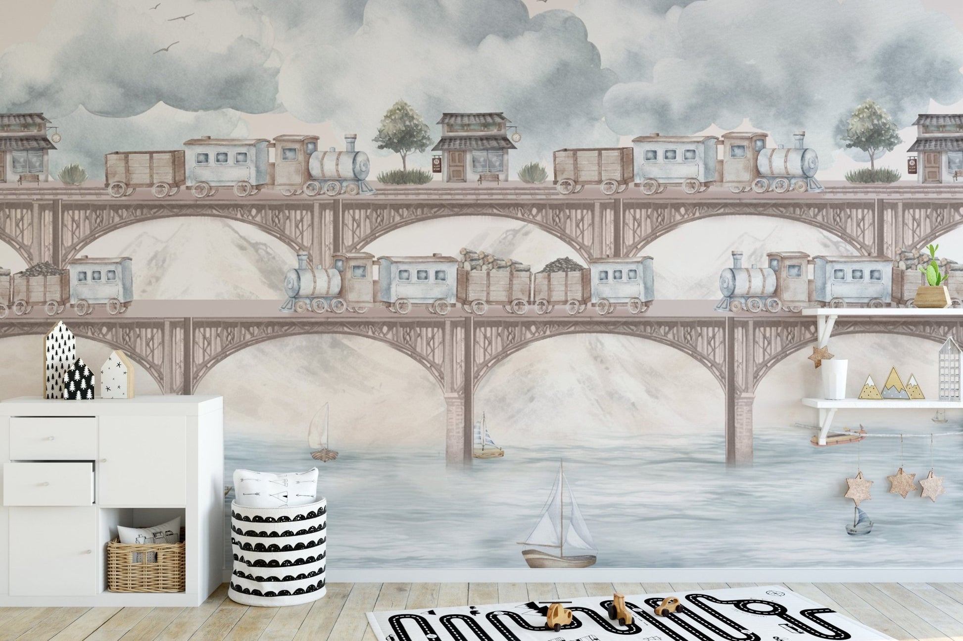 Pastel steam train wallpaper for kids' room
