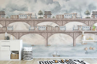 Pastel steam train wallpaper for kids' room
