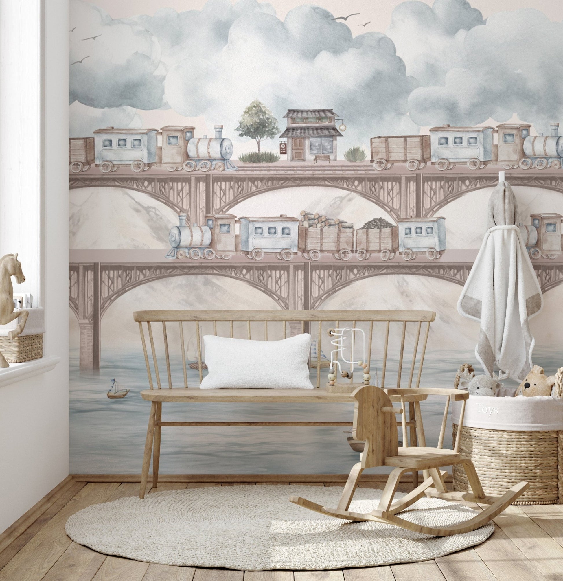 Hand-drawn vintage steam train wall art
