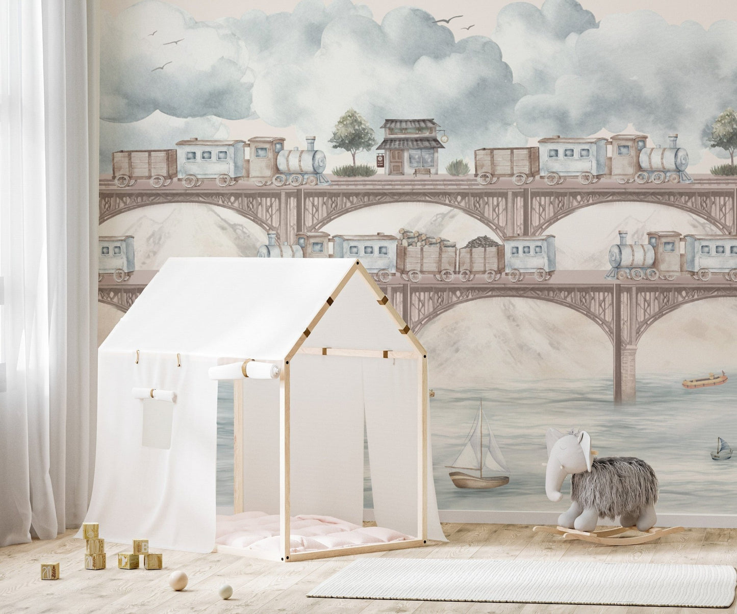 Steam train and bridge kids room decor
