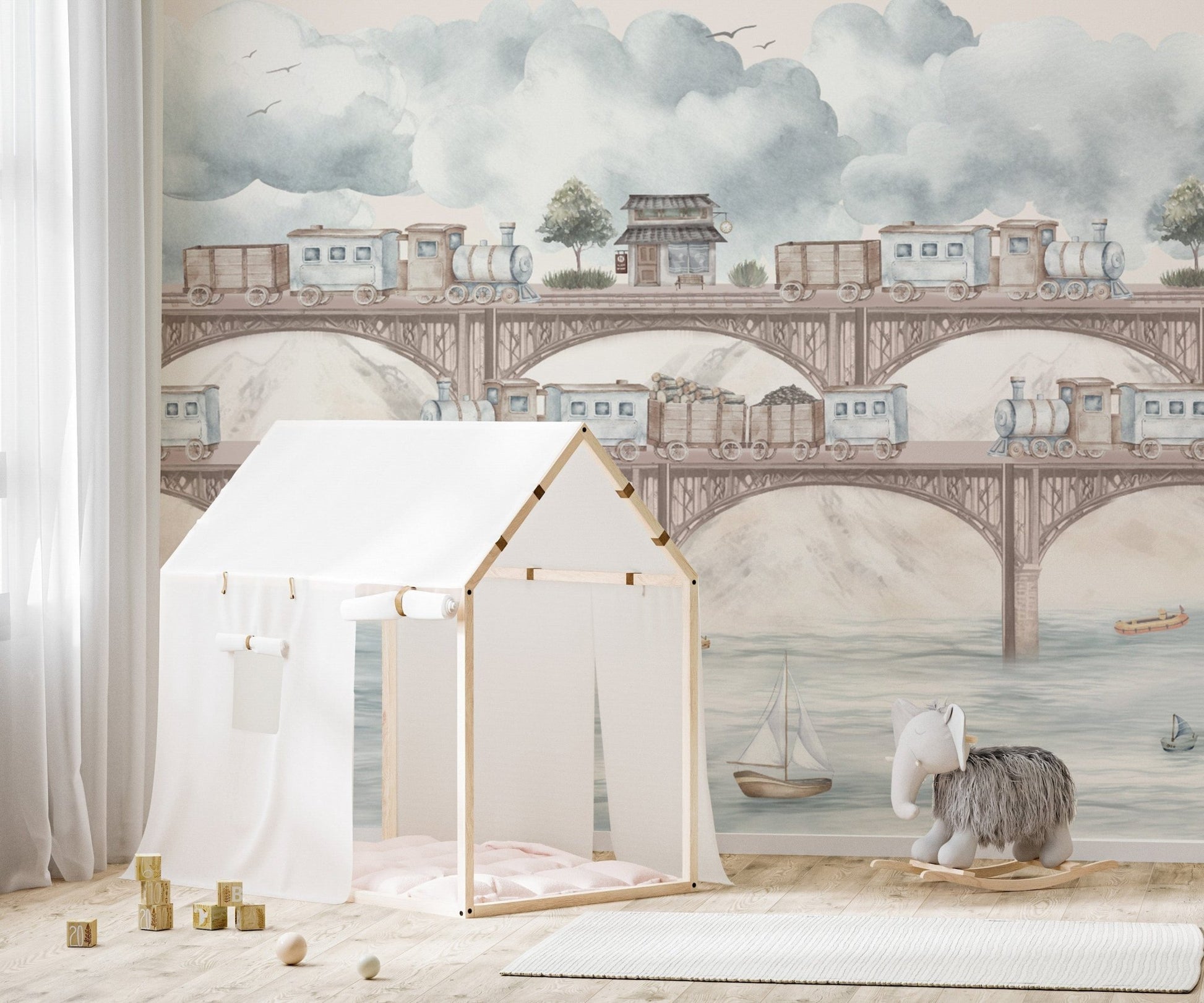 Steam train and bridge kids room decor
