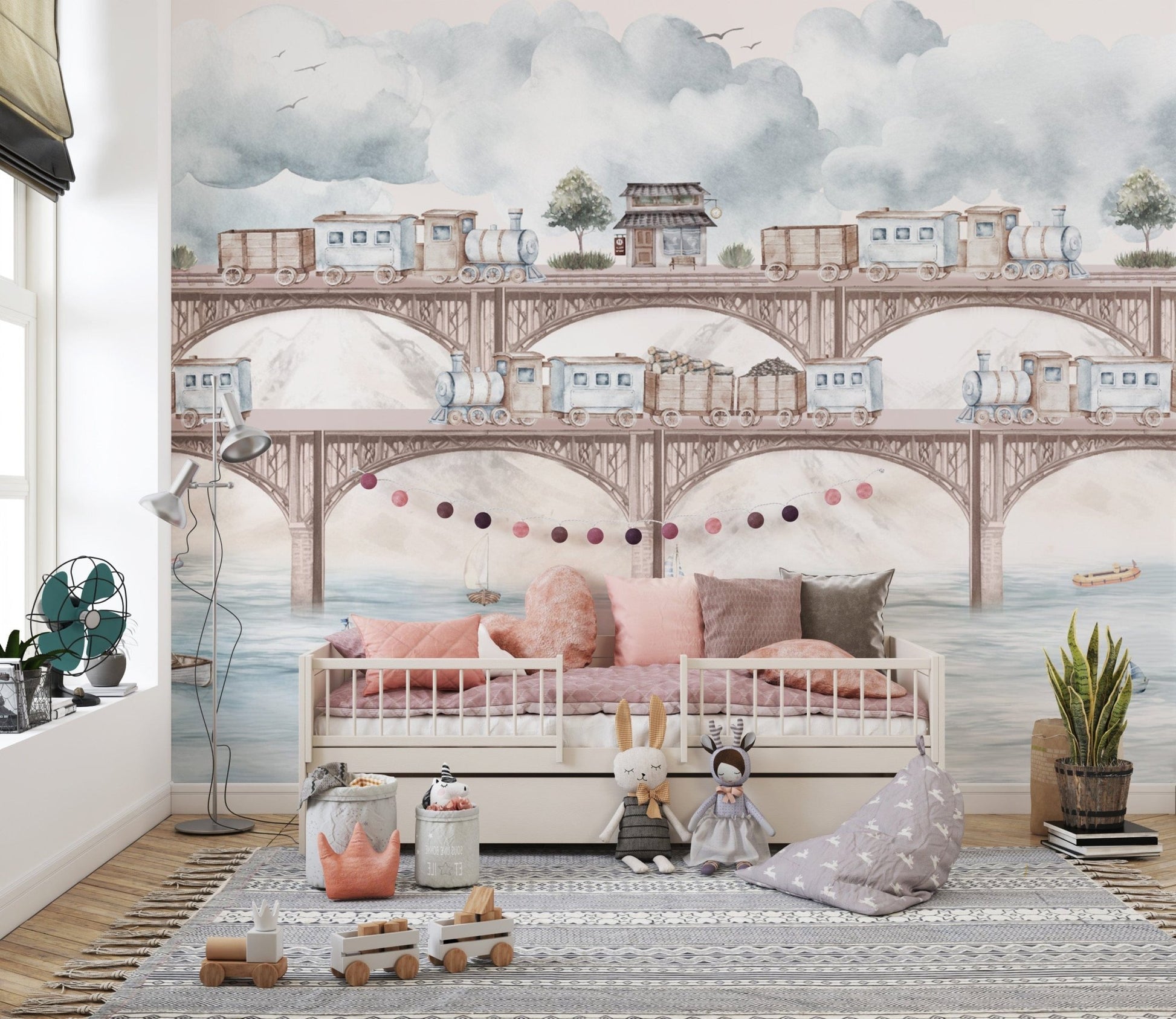 Kids bedroom wallpaper with steam trains
