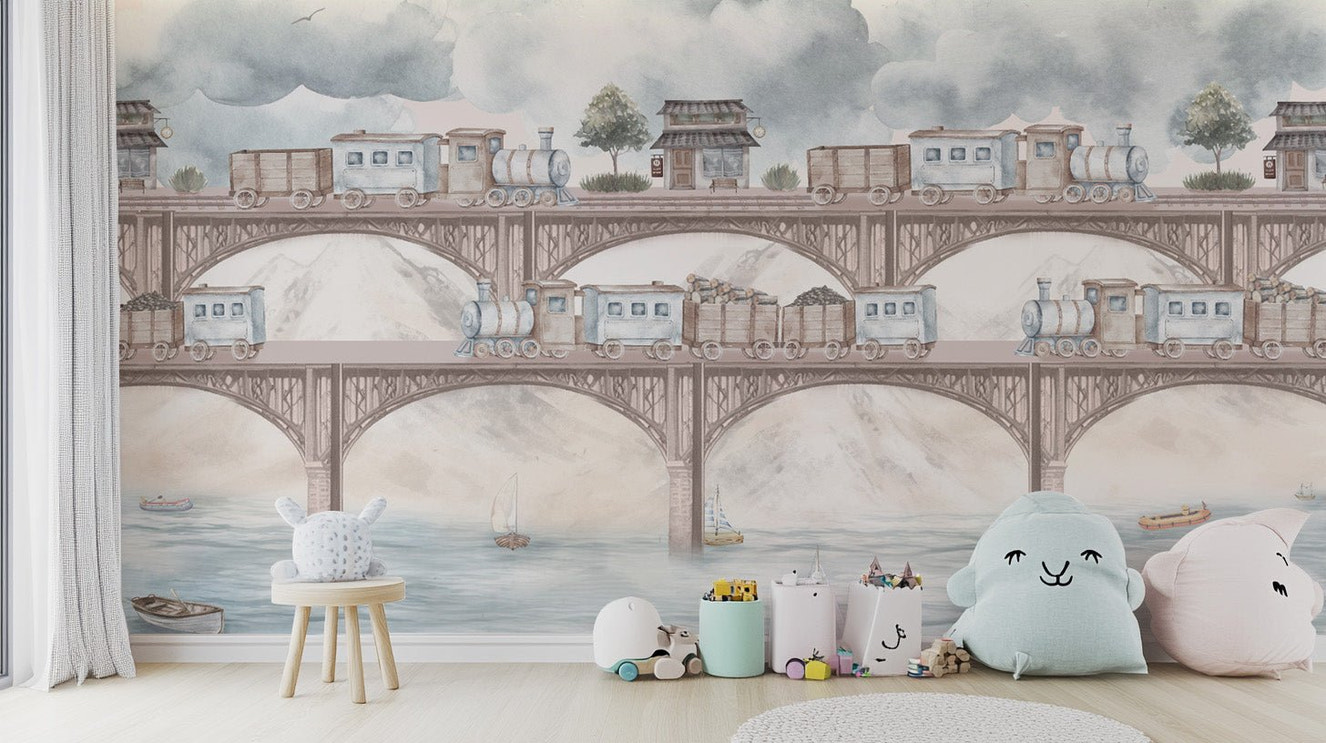 Vintage steam train kids wallpaper design
