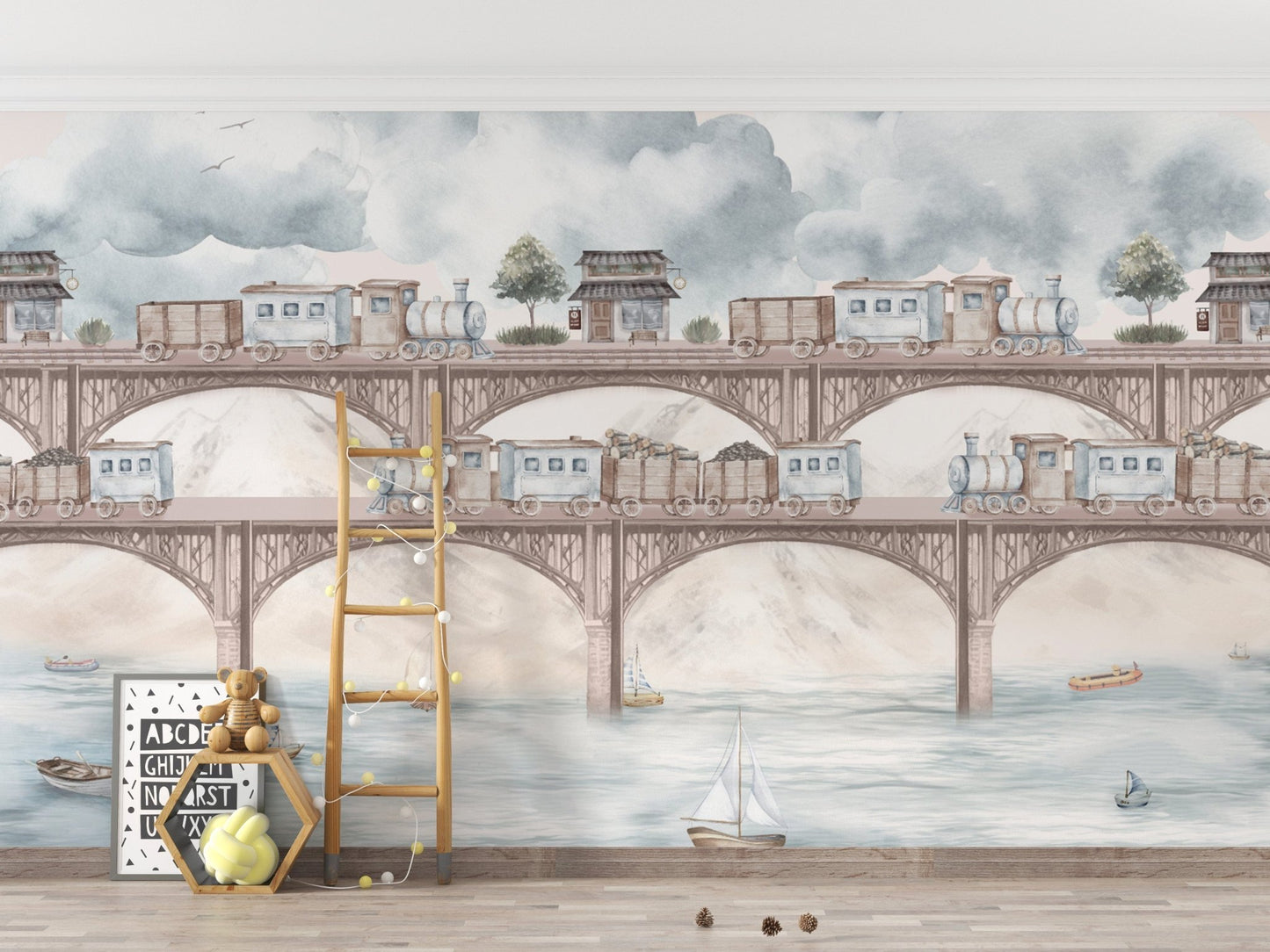 Charming vintage train kids wallpaper design
