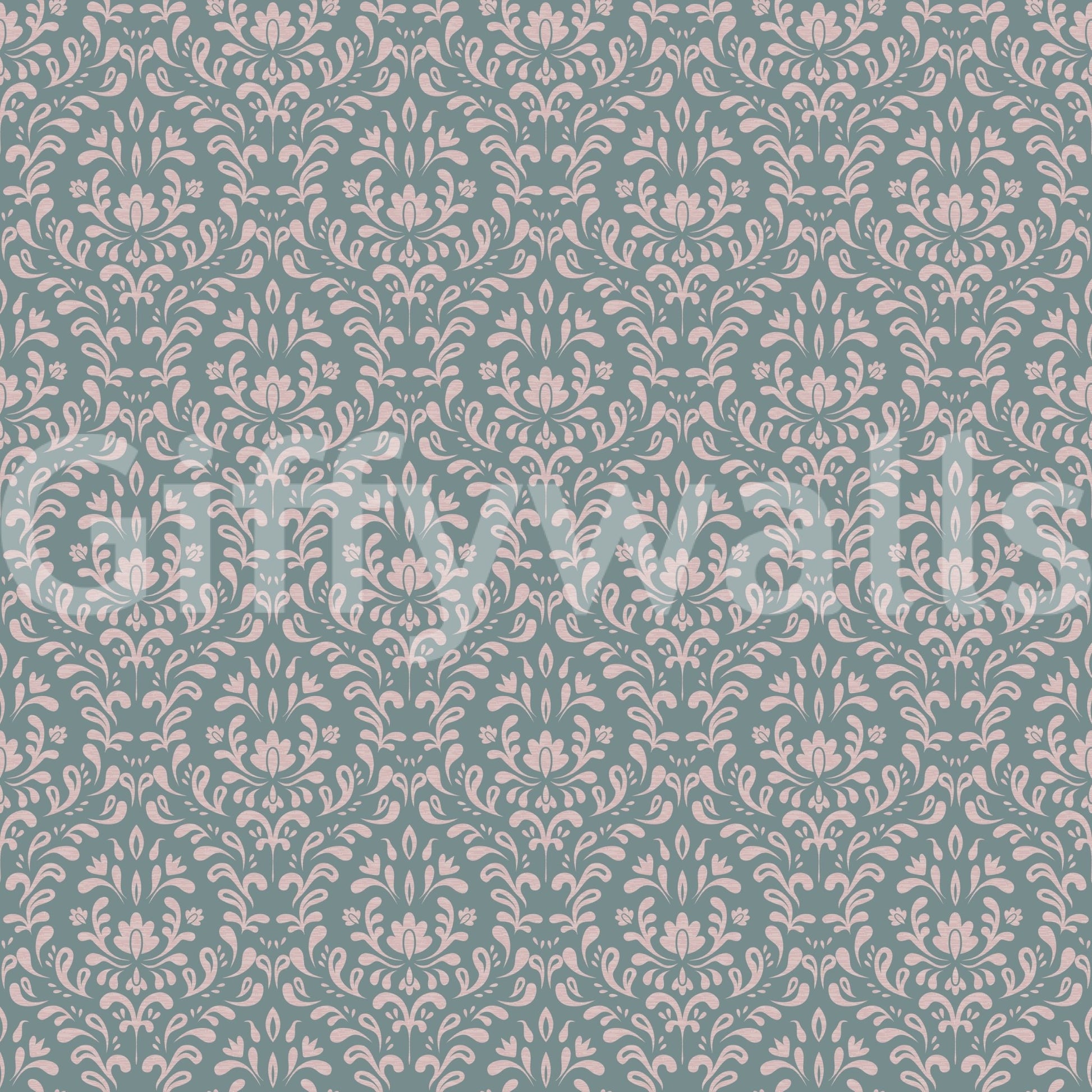 Decorative teal wall mural with a symmetrical pink damask motif