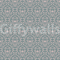 Decorative teal wall mural with a symmetrical pink damask motif