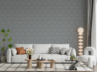 Elegant teal wallpaper featuring a repeating vintage damask design