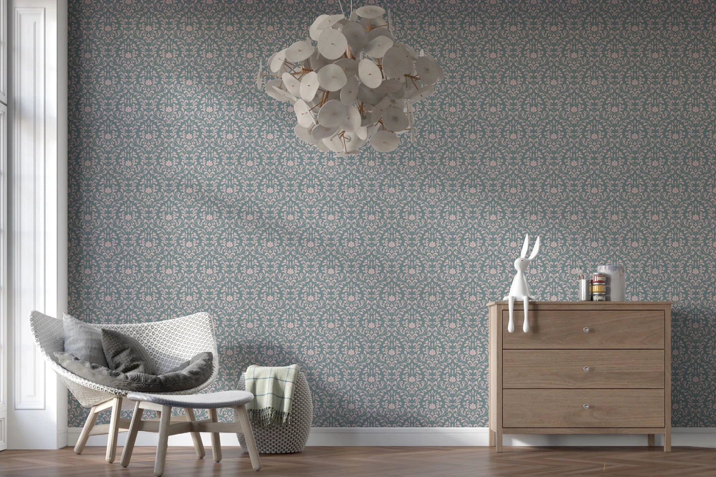 VINTAGE TEAL DAMASK Wallpaper for a traditional feature wall