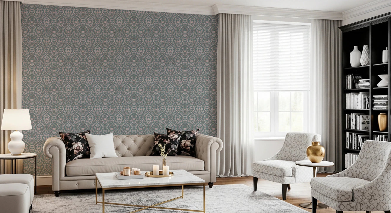 VINTAGE TEAL DAMASK Wallpaper with pink floral patterns for bedrooms
