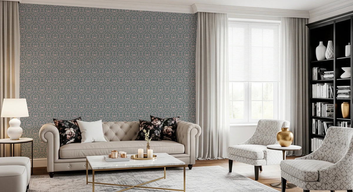 VINTAGE TEAL DAMASK Wallpaper with pink floral patterns for bedrooms, GD8365