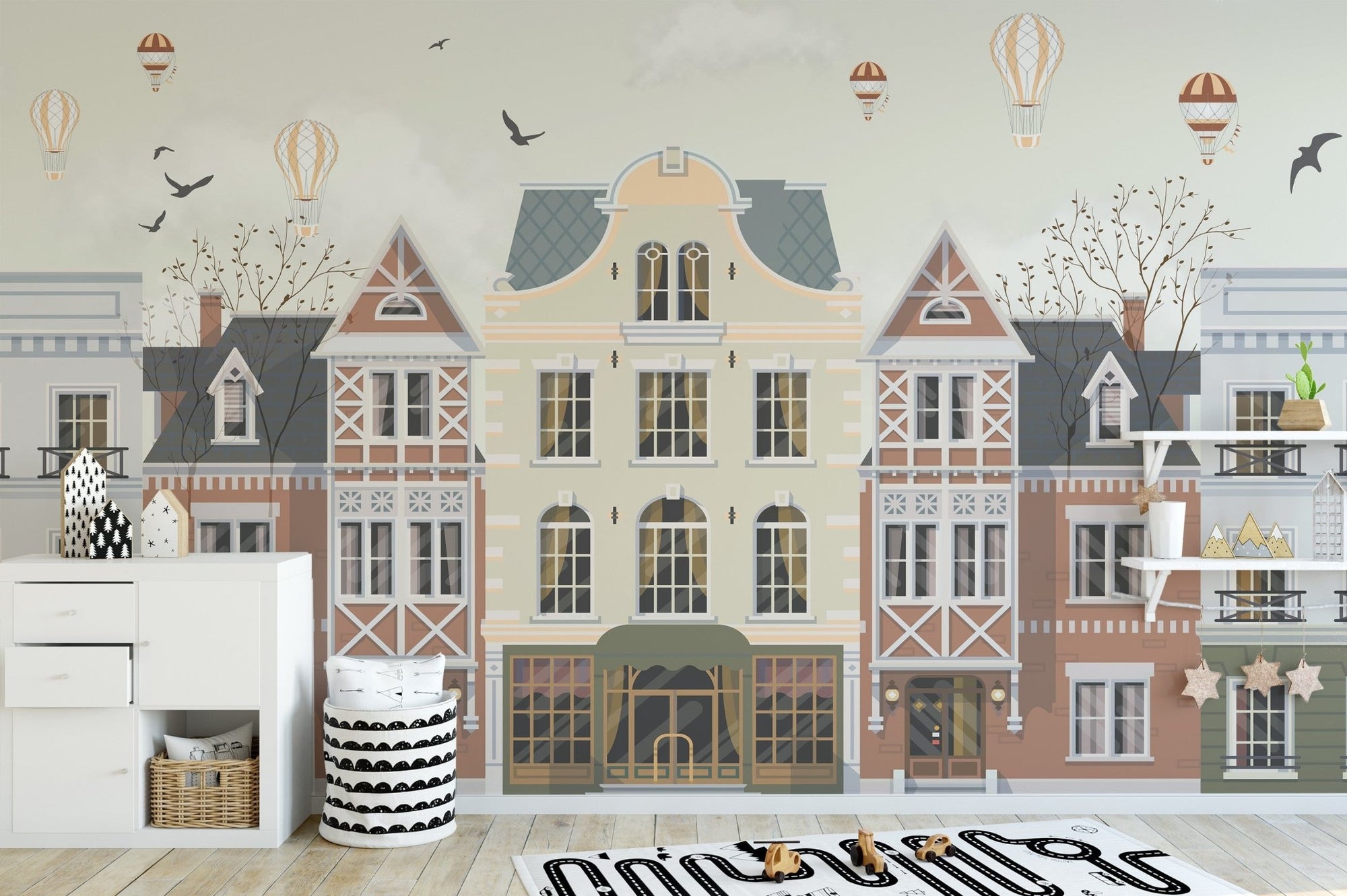 Charming vintage townscape balloons wallpaper mural for walls., B332
