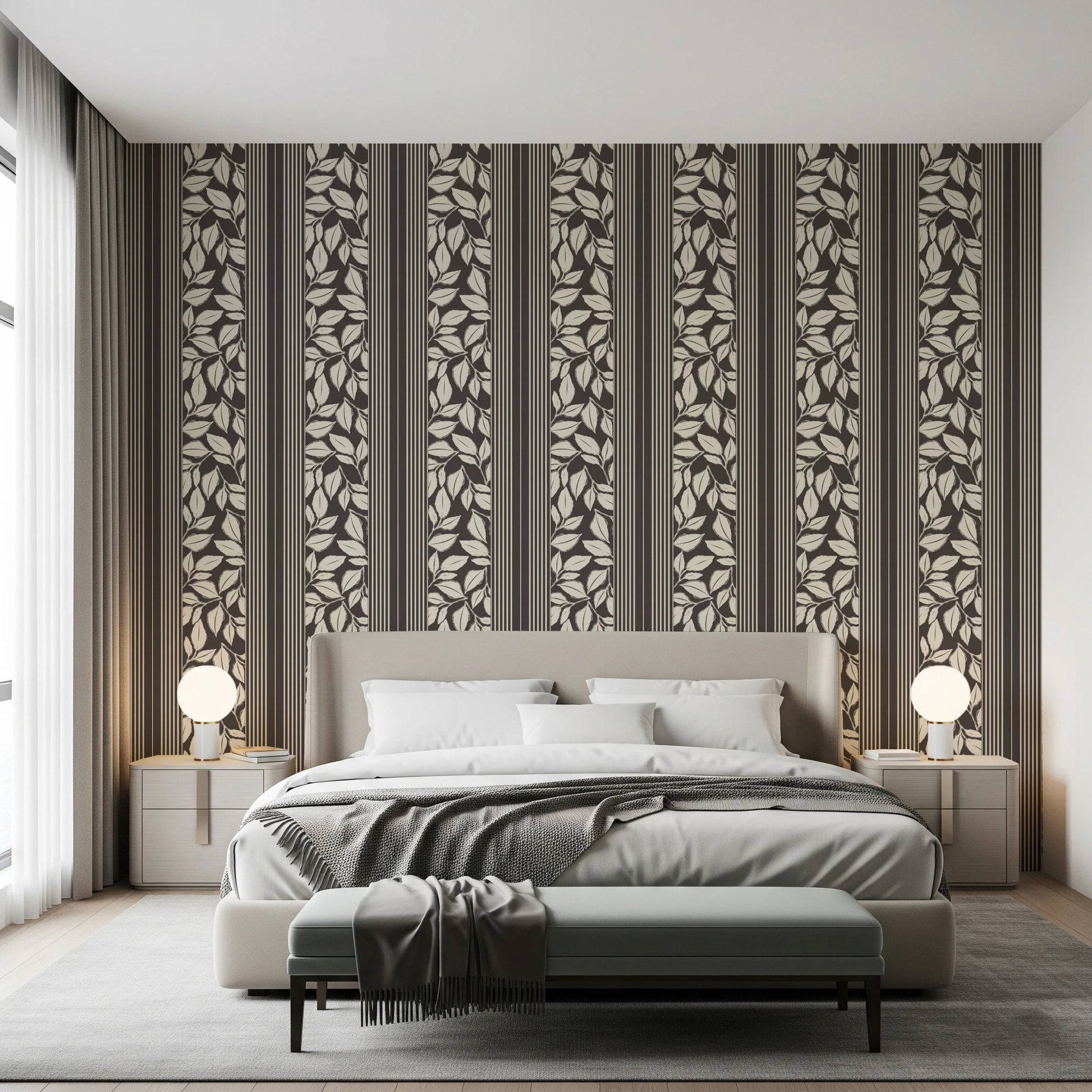 Cream leaf silhouettes stand out on this Brown Wallpaper with vintage character