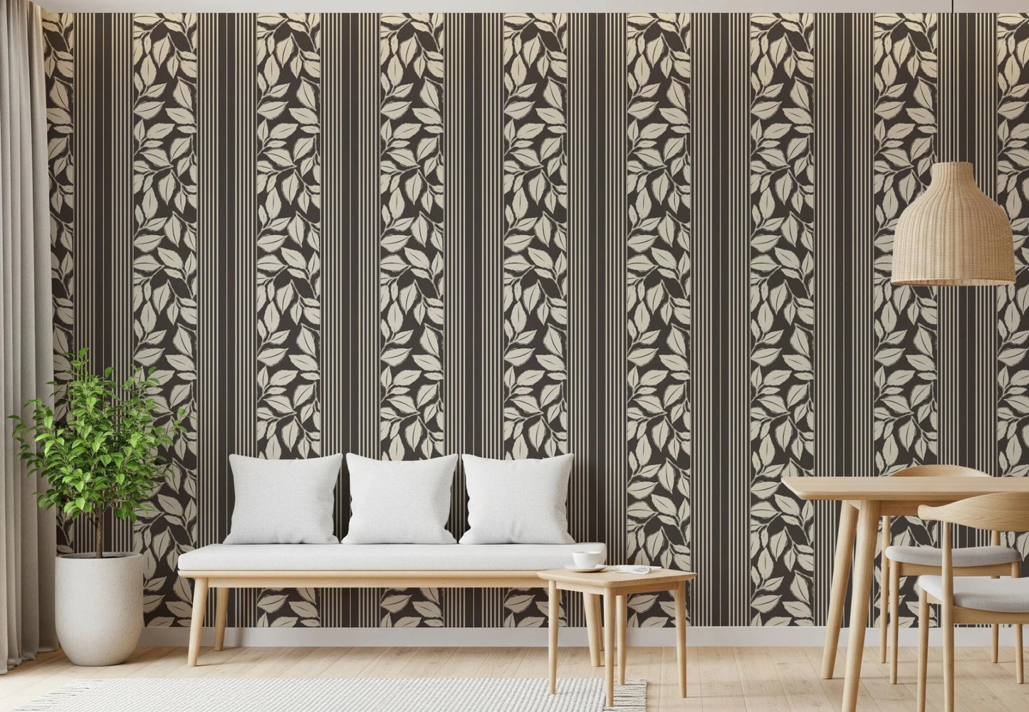 Dining area showing Vintage Foliage Brown Wallpaper with leafy vertical pattern