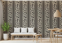 Dining area showing Vintage Foliage Brown Wallpaper with leafy vertical pattern