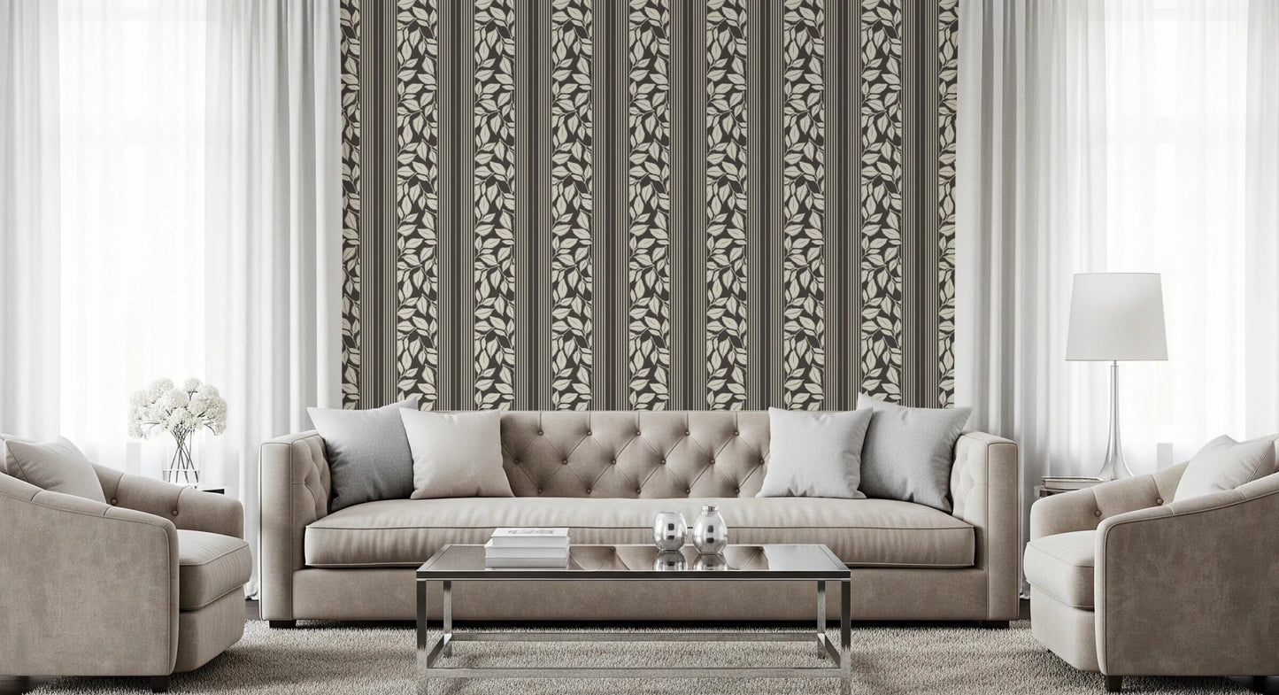 A striped botanical repeat gives the Trailing Foliage Brown Wallpaper orderly depth