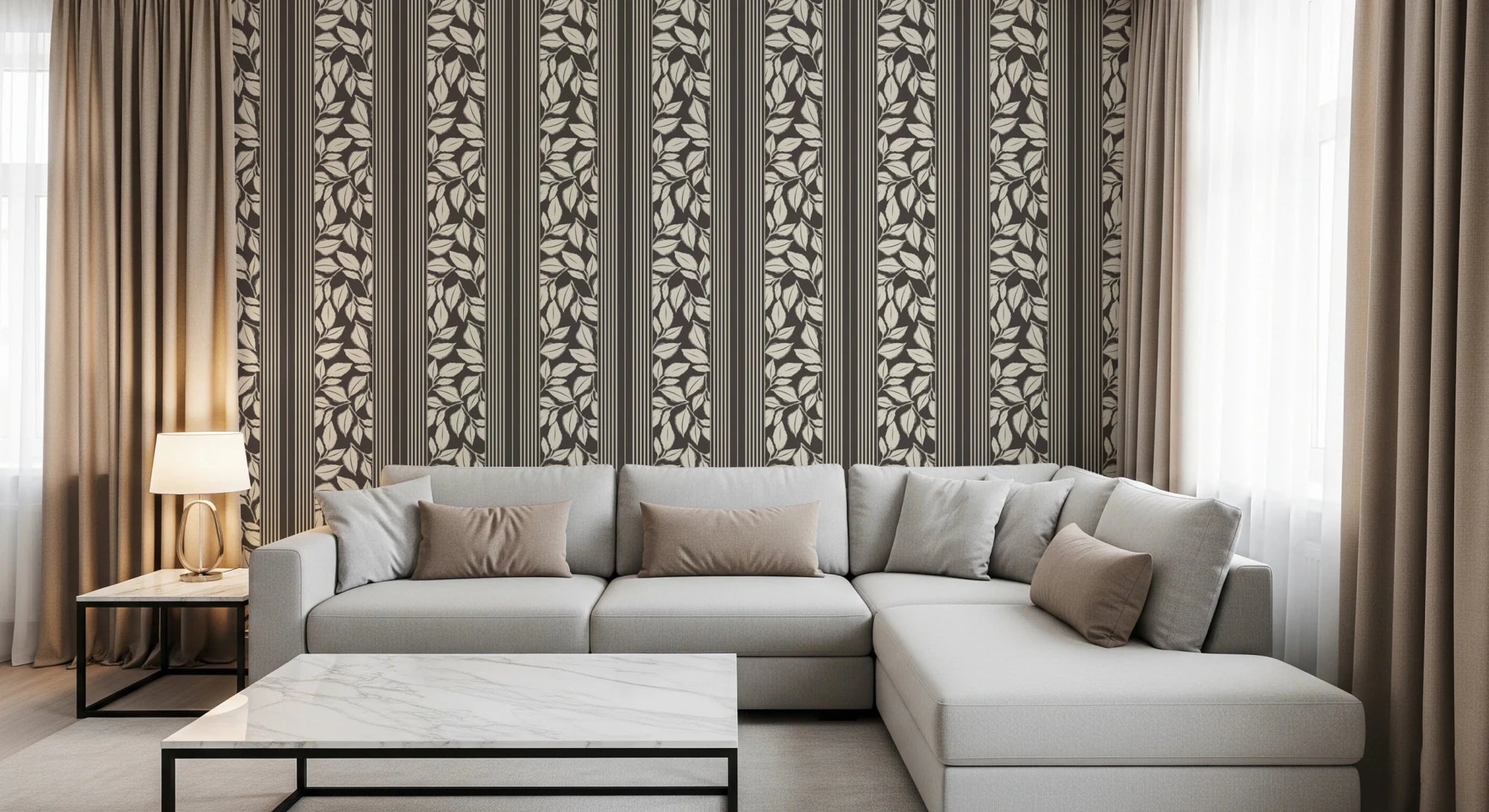 Living room finished with Vintage Trailing Foliage Brown Wallpaper and stripe panels, GD8793