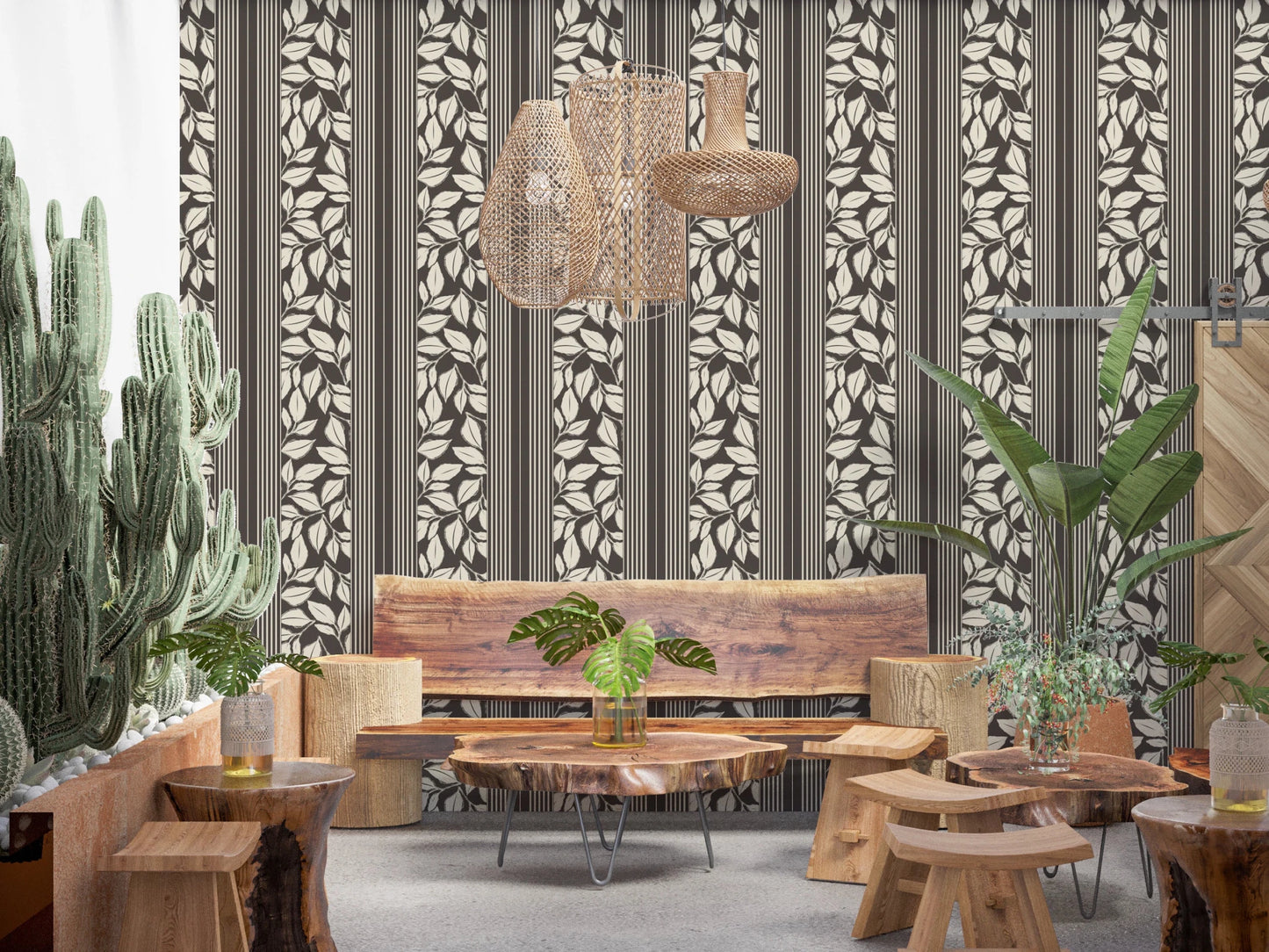 Dark brown ground and pale leaves shape this Vintage Foliage Wallpaper look
