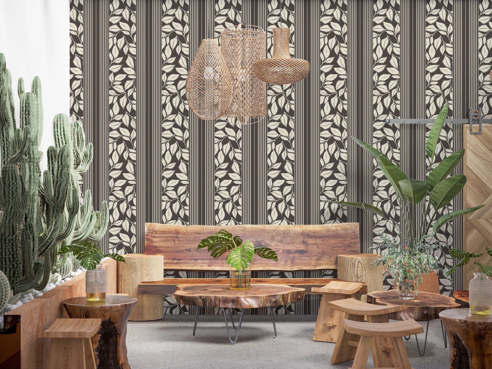 Dark brown ground and pale leaves shape this Vintage Foliage Wallpaper look