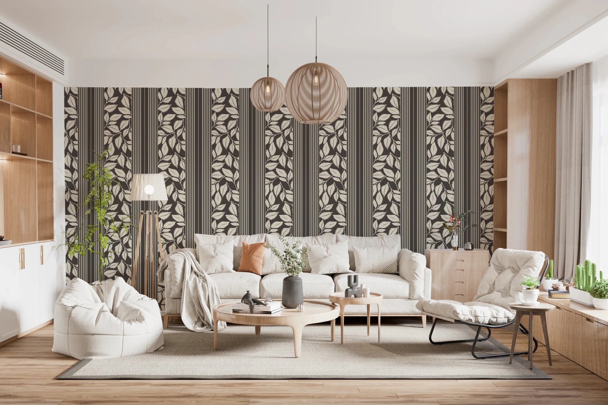 Living room using Trailing Foliage Wallpaper in a rich brown striped layout