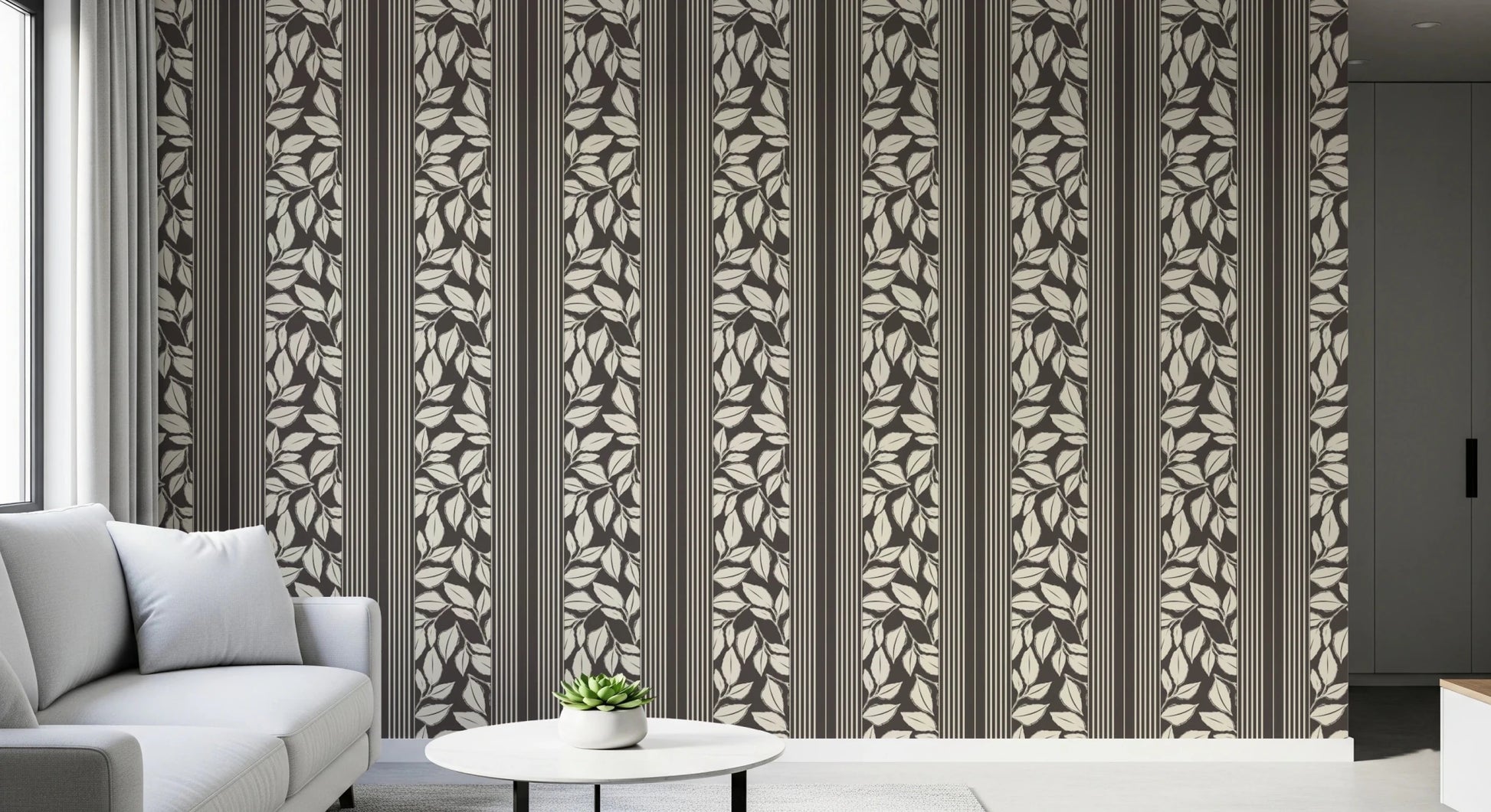 Warm brown panels frame the Vintage Trailing Foliage Wallpaper design