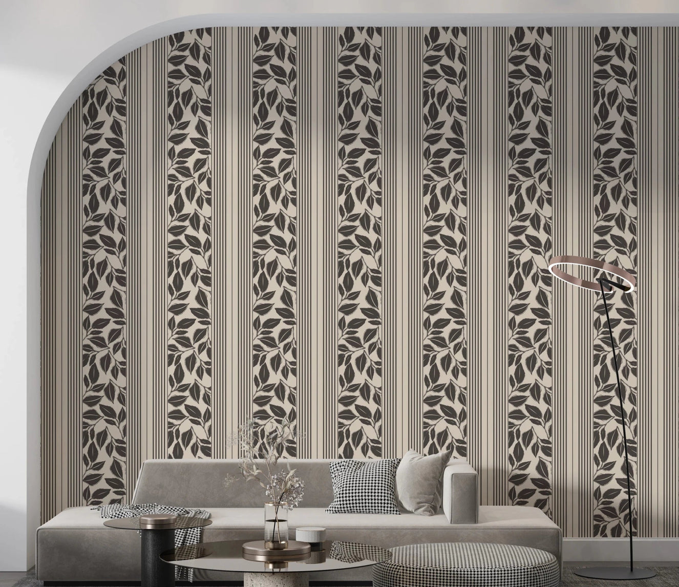 Living room with Vintage Trailing Foliage Cream Wallpaper