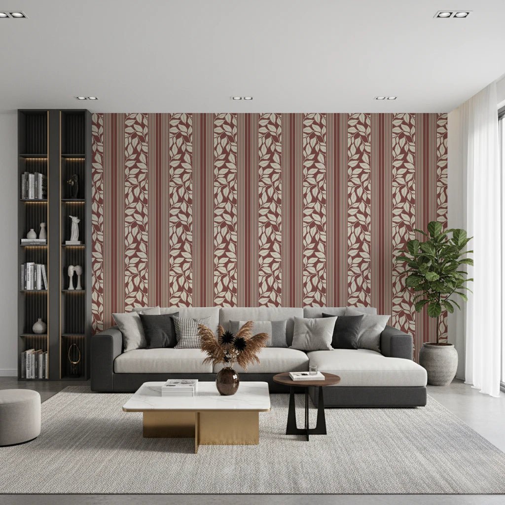 Living room with Vintage Trailing Foliage Dark Red Wallpaper and slim stripe bands, GD8792
