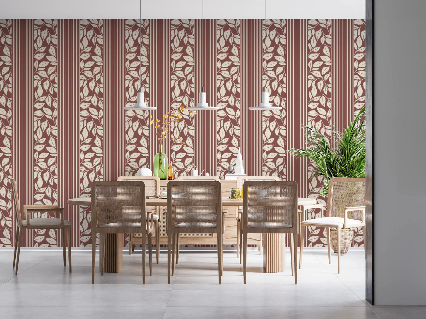 Dining room styled in Dark Red Wallpaper with Vintage Foliage leaf pattern