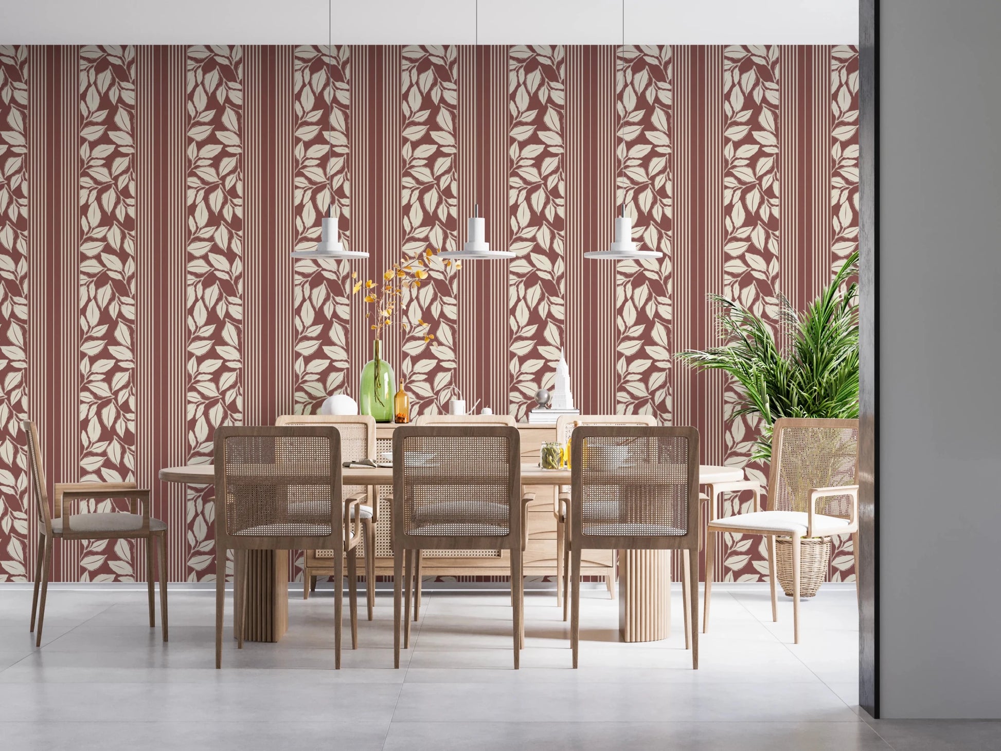 Dining room styled in Dark Red Wallpaper with Vintage Foliage leaf pattern