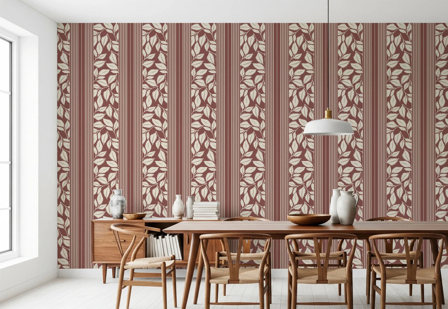 Cream leaf silhouettes stand out across the Dark Red Wallpaper design
