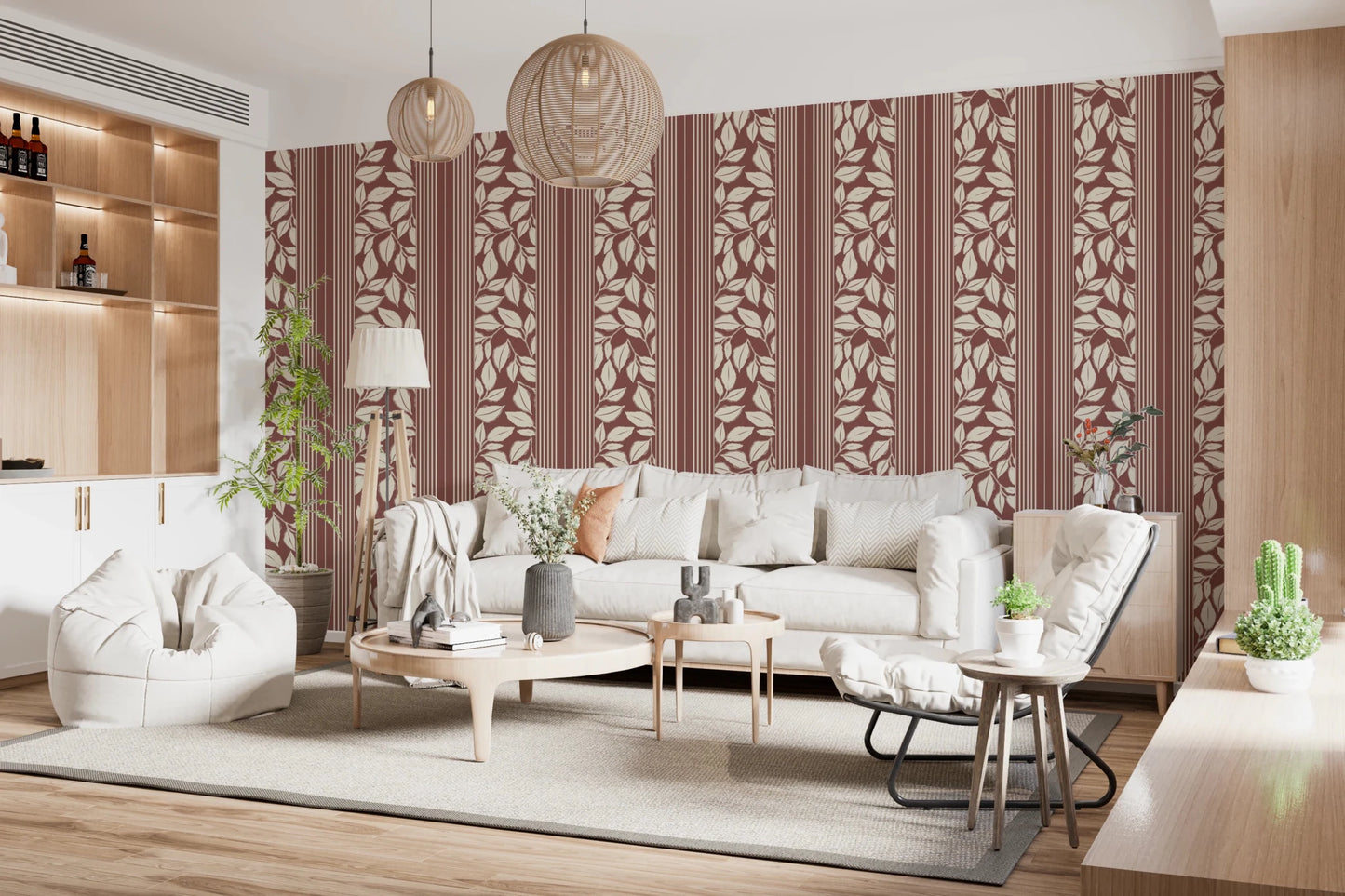 Fine stripe detailing keeps the Dark Red Wallpaper neat and balanced